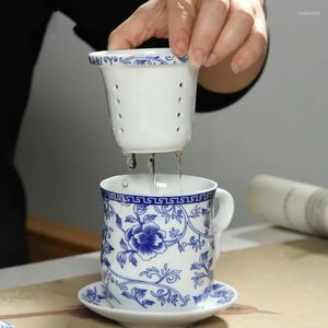 Tea Cups Retro Chinese Blue White Porcelain Cup Set With Lid Infuser 260ml Ceramic Teacup Filter