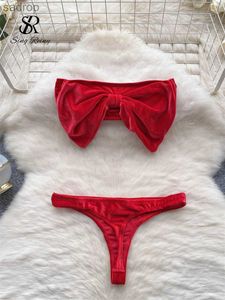 Bras set Singreiny Christmas Erotic underkläderuppsättning för kvinnor stropplösa mini pyjamas fashionabla sammet bow sensory underkläder set xw