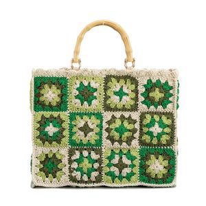 Bohemian Style Square Handtasche handgefertigt gewebte Tasche Vintage Bambus Knotengriff Beach Bag Multicolour Womens 240430