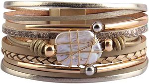 Fesciory Womens Leather Wrapped Armband Bohemian Leopard Mönster Multi Layered Crystal Bead Cuff Armband smycken