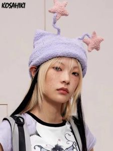 Kawaii Cute Ins Knitted Beanie Hat Girl Contrast Color Knitting Star 3D Cap Autumn Women Y2k Aesthetic Grunge Streetwear Hats 240509