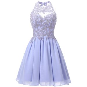 Halter Short Homecoming Dresses for Teens Chiffon Lace Appliques Juniors Prom Dresses Keyhole Back 8th Grade Party Dress 184E