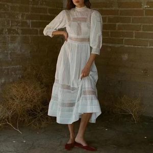 Casual Dresses 2024 Holiday Style Ruffles Collar Hollow Out Lace Brodery Women's White Long Dress