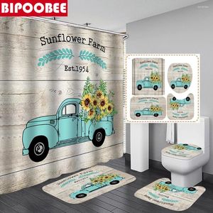 Shower Curtains Sunflowers Farm Print Bathroom Curtain Set Autumn Harvest Truck Bath Mats Toilet Lid Cover Non-slip Rug Bathtub