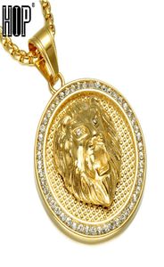 Hip Hop Ice Out Gold Color Titanium Rostfritt stål Pave Rhinestone Lion Head Pendants Halsband för män smycken Y2009188643526