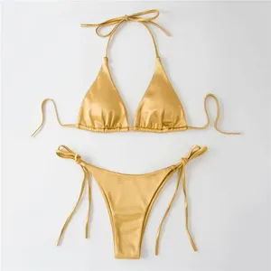 Women's Swimwear Bikini Set Sexy Gold Micro Thong Satin Triangle Halter Swimsuit String Lace-up Bathing Suit Two Piece Bathers
