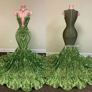Seksowne Olive Green Mermaid African Sukienki na studniowe 2020 Kequinowe czarne dziewczyny wieczorowe sukienki na imprezę noszenie formalne suknie 2752