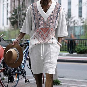 Technology 3D printed casual knitted shorts men's summer short sleeved loose large V-neck solid color t-shirt for men M514 85