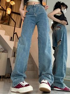 Jeans femminile femminile moda americano retrò dolce pantaloni strappato lady blue high street ricamo a gamba dritta per le gambe più tagliate più dimensioni
