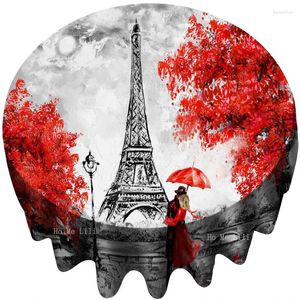 Tkanina stołowa europejska krajobraz miasto czerwony liść eiffel wieżowy lampa uliczna para uścisk na vintage czarny biały okrągły obrus