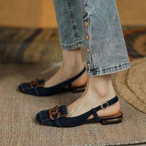 Fringe Dark Quastel Blue Nackt Schaffell Slingbacks Sandalen Frauen schnallen Low -Heel -Mode -Hochzeitskleiderschuhe Saa