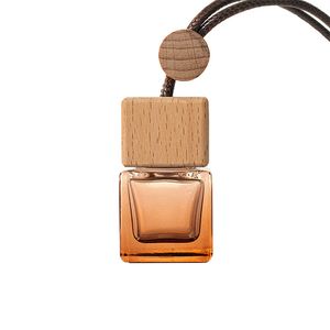 8 ml lyxig fyrkantig form brun hängande bil diffusor flaskor bil parfymflaska med trä mössa