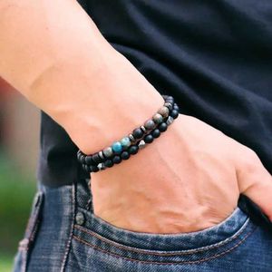 Charm Bracelets Neue Mode Männer Armband Set 2pcs Natural 6mm Onyx White Howlite Tiger Eyes Stein Braket Accessoires Homme Perlen Braslet Y240510