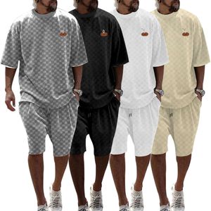 Men's summer new jacquard plaid short sleeved t-shirt loose size straight tube casual personality shorts set M514 47