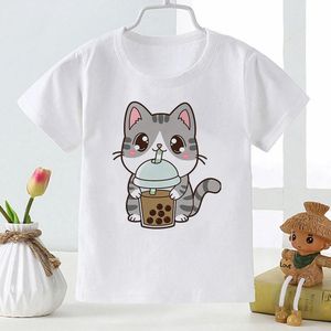 Kawaii Cat Milk Tea Printed Kids Cotton T Shirt Super Cute Cartoon Fashion Trend Tshirt Girl Boy Casual Baby Cotton Clothes 240514