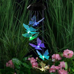 Dekorative Figuren Solar Wind Chimes Leichte farbenfrohe LED -Dekor Schmetterling Leuchten wasserdichte hängende Lampe mit Glocken für Gartenrasen