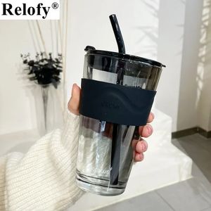 450 ml blyfri glasmugg med kopphylsa och lock halm kaffemuggar juice glas söta kaffemuggar mjölk koppar te mugg dryck tecknar 240513