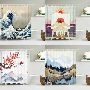 Duschvorhänge wasserdichte Polyester Stoffvorhang Japanische Wellen Samurai Landschaft 3D-Druck Badezimmerdekoration