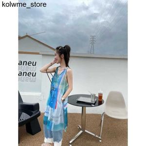 Women's Tanks Camis Korean Fashion 2024 New Summer Tie Dyed Mid Length Tank Top with Hanging Dress for Outer Wear Layup Thin Dresses Female Clohitng S24514
