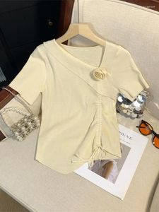 Kvinnors T-skjortor Summer Women Korean Solid Slim Oregelbundet kort ärm 3D Flower Pleated T-shirt Fashion V-ringning Shirring Lace-Up Cotton Tops