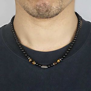Perlen Halsketten modische natürliche Tiger-Augenstein-Perlen Halskette für Herren Vintage Edelstahl Geometrische Anhänger Halskette für Herren Schmuck LYC-6 D240514