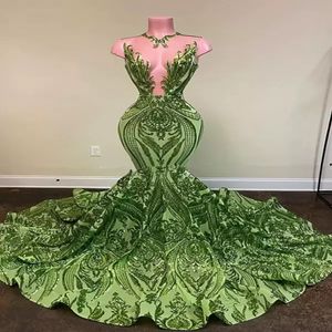 2022 Sparkly paljett Olive Green Mermaid African Prom Dresses Black Girls Long Graduation Dress Plus Size Formell aftonklänningar 2127