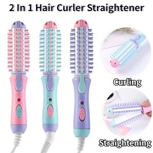 2 In 1 Hair Curler Straightener 220V Mini Curling Iron Electric Hair Styler Hair Curling Straightening Styling Tools Brush 240430