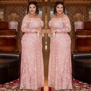 Light Pink Plus Size Lace Prom Dresses Sheer Jewel Neck Long Sleeves Evening Gown Sequined Column Floor Length Formal Dress Abiti Da Se 2604