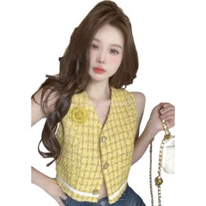 Womens summer yellow tweed woolen single breasted 3D flower patchwork short vest sleeveless tank tops SM