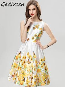 カジュアルドレスゲディボン秋のファッションデザイナーエレガントな花柄のタンクドレス女性oネックダイヤモンドビーズスパンコンハイウエストスリムミディ