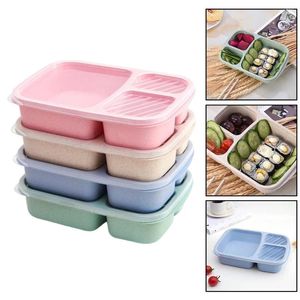 Dinnerware 4pcs Plastic Lunch Box 3-Compartment Reusable Meal Prep Container Portable 23.5 15 5cm Blue Pink Green Beige