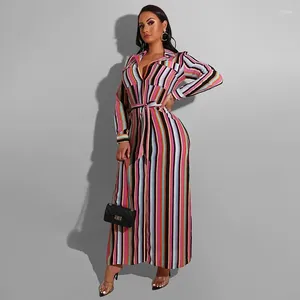 Casual Dresses Chyxsb 2024 Fashion Street Style Long Dress Women Sleeve Lapel randig golvlängd