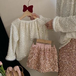 Одежда наборы корейцы 2024 весенняя осенняя детская девочка 2PCS одежда набор хлопка сладкий топ розовый блеск для блеска костюмы для детских нарядов