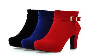 Plus Size 33 34 To 40 41 42 43 Blue Red Synthetic Suede Platform Ankle Boots Sexy Buckle Thick High Heel Designer Boots 12cm7268275