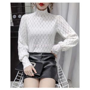 Autumn New design womens stand collar long sleeve hollow out thickening lace lantern sleeve shirt tops plus size SMLXL