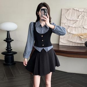 Vestidos de trabalho Fashion Korean Two Peice Skirt Conjunto: Lapel clássico listrado blusas tops preto mini y2k pcs roupas femininas