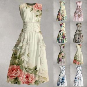 Vestidos casuais mulheres sem mangas maxi de vestido de vestido floral e fofo convidado 2024 V pescoço