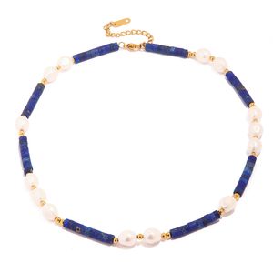 Designer Retro Ethnic Style Pearl Necklace for Women Stainless Steel Plated 18K Gold Natural Lapis Lazuli Wedding Party Necklace Free Shipping