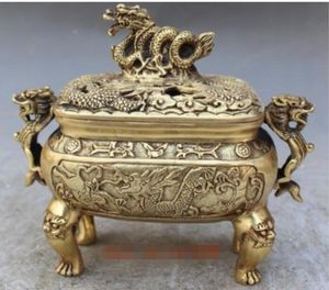 Markerad kinesisk gammal brons Dragon Dragons foo fu hund lejon rökelse brännare censer2311227