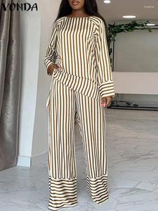 Kvinnors tvåbitar byxor Fashion Stripe Pant set 2024 Vonda Women Vintage Long Sleeve Tops och High midja Loose Casual Elegant Suit 2sts
