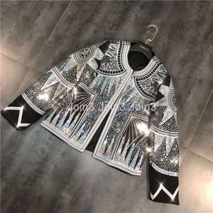 Frühling neuer Damen Mode Shinny Bling Geometrisches Muster Paillette Langarm Lose Short Coat Jacke Casacos Smlxl