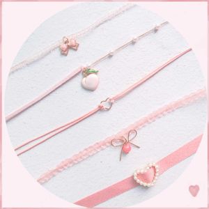 Chokers Japanese cute pink peach heart bow pendant necklace d240514