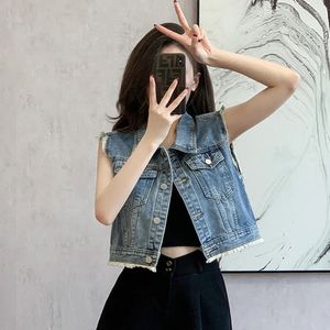 American Retro Sleeveless Vest Jeans Topps Woman Summer Steetwear kort denim Waistcoat med tofsar 240513