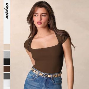 New fine ribbed spring/summer Y2K clothing lace round neck pure desire top short sleeved T-shirt women's knitted sweater F51424