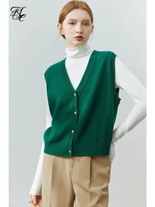 FSLE 100% Wool Green White Khaki Women Vest Winter Solid Casual VNeck Jacket Office Lady For 240513