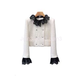 Ladies autumn lace collar tweed woolen double breasted short coat S M L XL