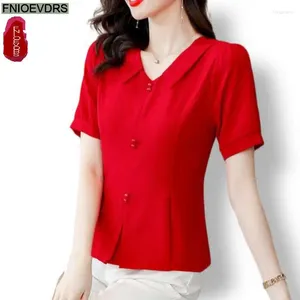 Frauenblusen M-5xl 2024 Sommer niedliche Peplum-Tops Frauen Basic Office Dame Arbeit Rosa Grün rote elegante Knopfhemd