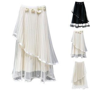 Kjolar söta eleganta kvinnor tyll kjol mesh lapptäck transparent 3d blommig lång lutning rufsad oregelbunden koreansk tutu