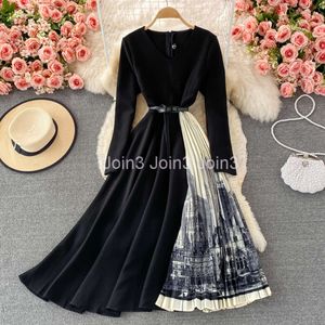 벨트 주름 잉크 프린트 패치 워크 MIDI LONG DRESS MLXLXXL 여성 V- 넥 긴 소매 높은 허리