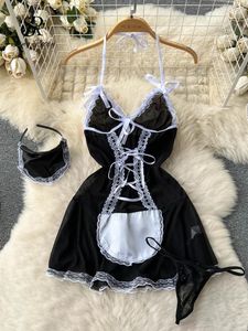 Lässige Kleider Singley Mesh V-Ausschnitt Gurt sexy Nachtkleid Frauen ärmellose Schnüre-up erotische Pyjamas Streetwear Sommer Kurzporno Unterwäsche